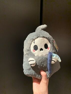 Gray Plush Grim Reaper Stuffed Animal with Blue Scythe - Kids Plush Toy